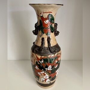 Chinese Crackle Glaze Warrior Foo Dog Handles Vase Antique